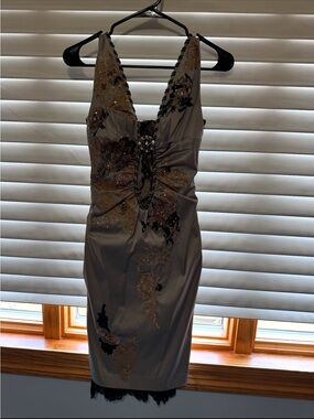 Embroidered Silver Mini Dress with Gold Detail